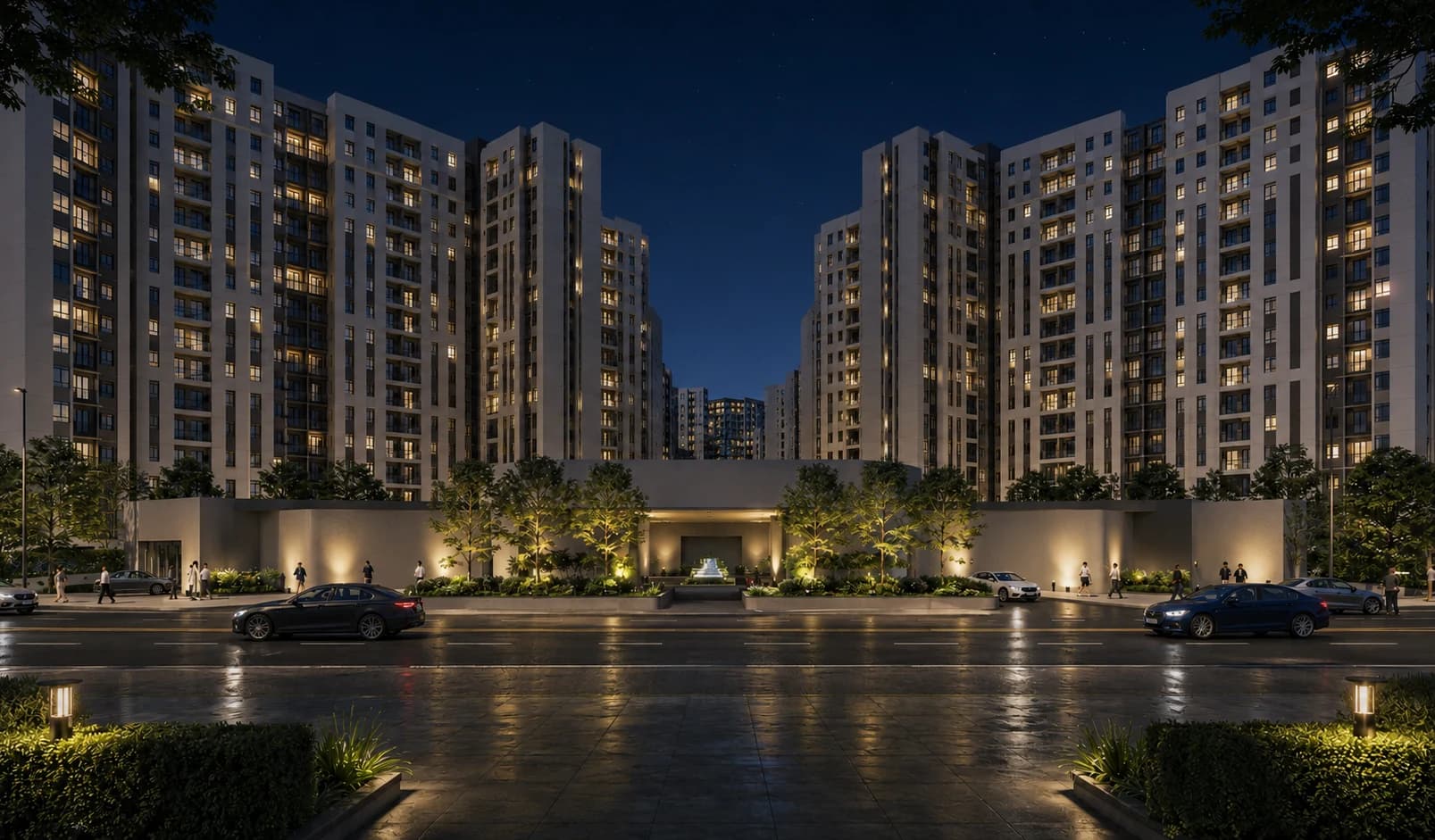 One Lancaster Park towers at dusk with lit facade and landscaped entrance